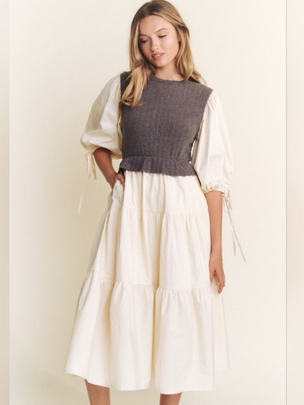 Cream Tiered Midi Dress with Charcoal Knit Bodice